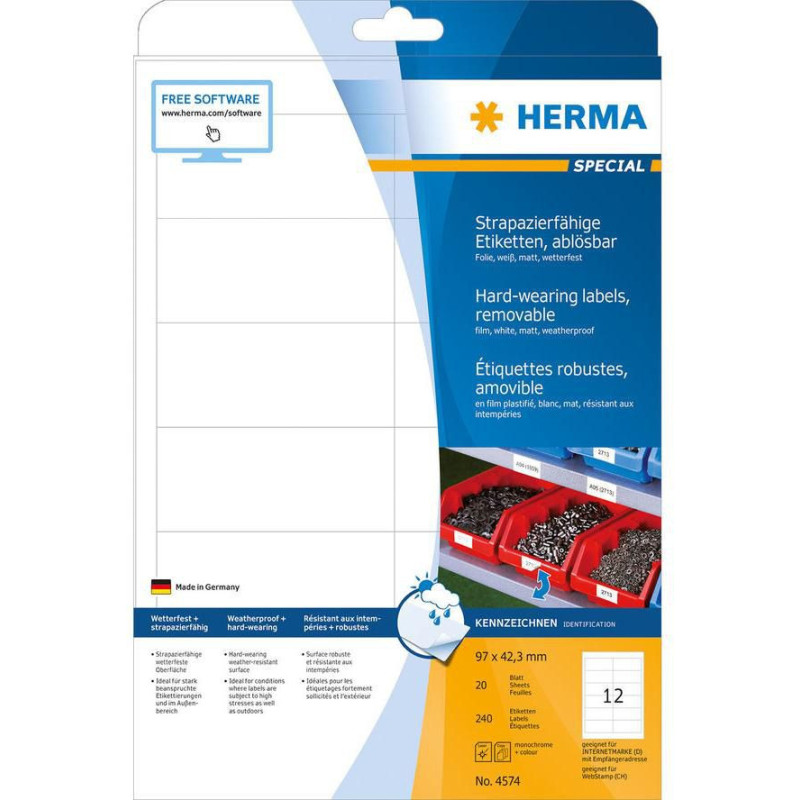 HERMA Foil Labels A4 97x42.3mm White Removable 240 pcs.