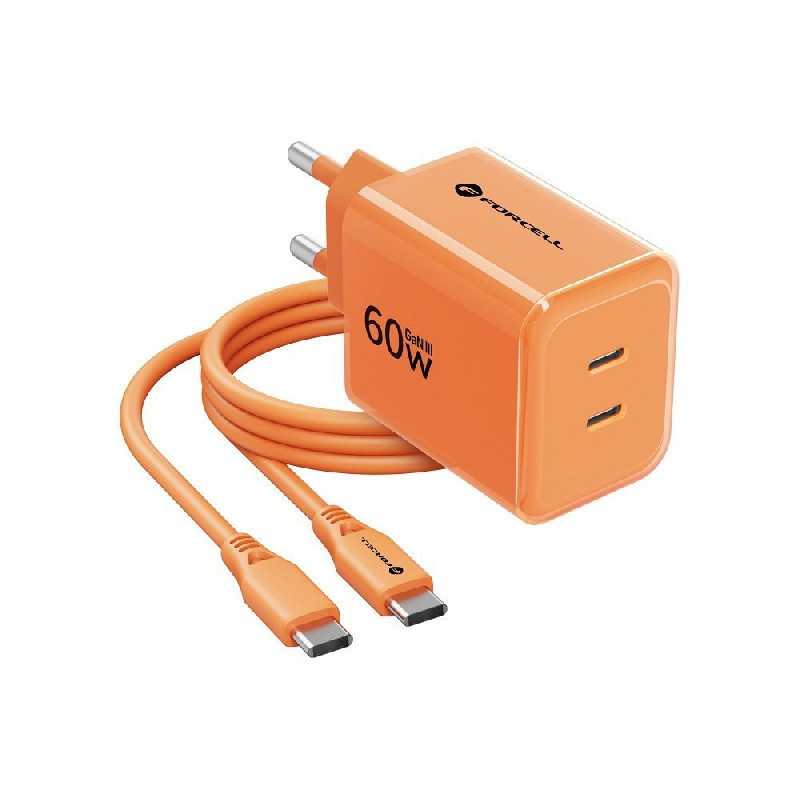 Įkroviklis Forcell GaN III + "USB-C (Type-C) to USB-C (Type-C)" (2xUSB-C 60W) oranžinis