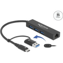 Adapteris Delock DELOCK 3 Port USB 3.2 Gen 1 Hub + Gigabit LAN mit USB Type-C oder USB Typ-A Anschluss Adapteris Delock DELOCK 3 Port USB 3.2 Gen 1 Hub + Gigabit LAN mit USB Type-C oder USB Typ-A Anschluss