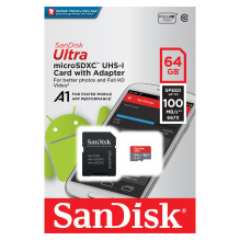 KORTELĖ 64GB SanDisk „Ultra MicroSDXC“ 100MB / s + adapteris KORTELĖ 64GB SanDisk „Ultra MicroSDXC“ 100MB / s + adapteris