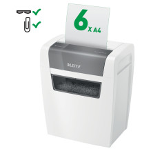 LEITZ IQ home paper shredder with particle cut, up to 6 sheets, white