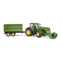 BRUDER John Deere 7R 350 su priekiniu krautuvu ir tandemo ašies transportavimo priekaba (žalia)