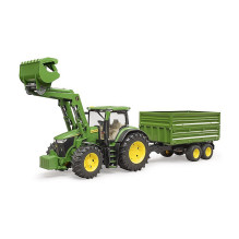 BRUDER John Deere 7R 350 su priekiniu krautuvu ir tandemo ašies transportavimo priekaba (žalia)