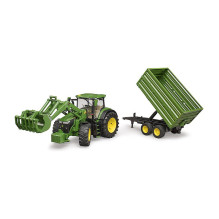 BRUDER John Deere 7R 350 su priekiniu krautuvu ir tandemo ašies transportavimo priekaba (žalia)