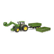 BRUDER John Deere 7R 350 su priekiniu krautuvu ir tandemo ašies transportavimo priekaba (žalia)
