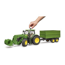 BRUDER John Deere 7R 350 su priekiniu krautuvu ir tandemo ašies transportavimo priekaba (žalia)