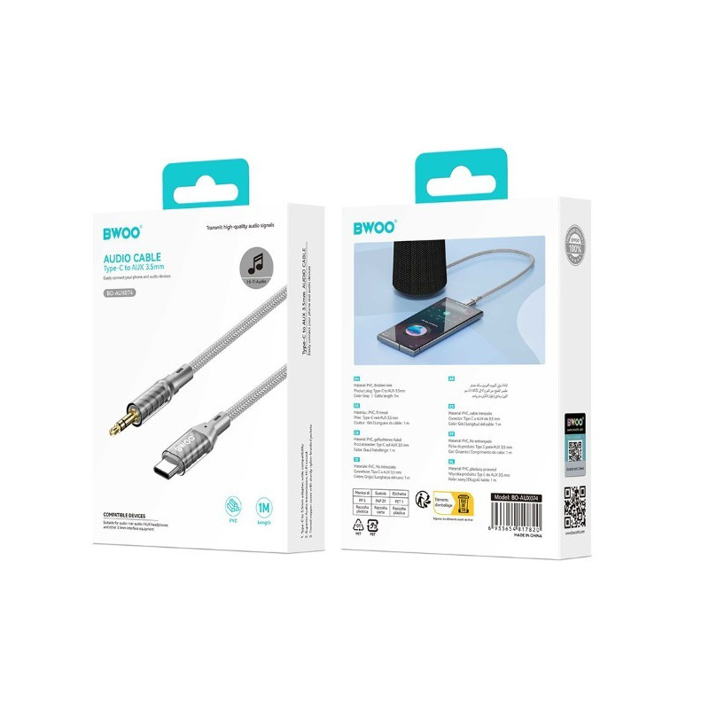 Audio adapteris Bwoo (AUX074) iš USB-C į 3,5mm 1m sidabrinis