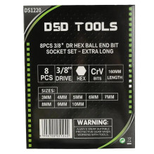 LONG 3 / 8" HEX DRIVE HEXAGON SOCKETS WITH BALL END SET, 8PCS DS1220 LONG 3 / 8" HEX DRIVE HEXAGON SOCKETS WITH BALL END SET, 8PCS DS1220