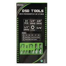 14 PCS. E-STAR SHAPED SOCKET SET 1 / 4", 3 / 8", 1 / 2" DS1312 14 PCS. E-STAR SHAPED SOCKET SET 1 / 4", 3 / 8", 1 / 2" DS1312