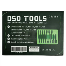 LONG TORX® IMPACT BITS-HEADS 1 / 4" 3 / 8" 1 / 2" FOR DRIVES, 15PCS. DS1188 LONG TORX® IMPACT BITS-HEADS 1 / 4" 3 / 8" 1 / 2" FOR DRIVES, 15PCS. DS1188