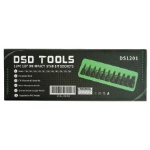 3 / 8" PAVAROS SMŪGINĖS "TORX" ŽVAIGŽDĖS GALVUTĖS SU ANTGALIAIS , 11 VNT. DS1201 3 / 8" PAVAROS SMŪGINĖS "TORX" ŽVAIGŽDĖS GALVUTĖS SU ANTGALIAIS , 11 VNT. DS1201