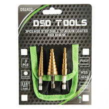 3 pcs. HSS step drill bit, titanium coated, hex shank DS1432