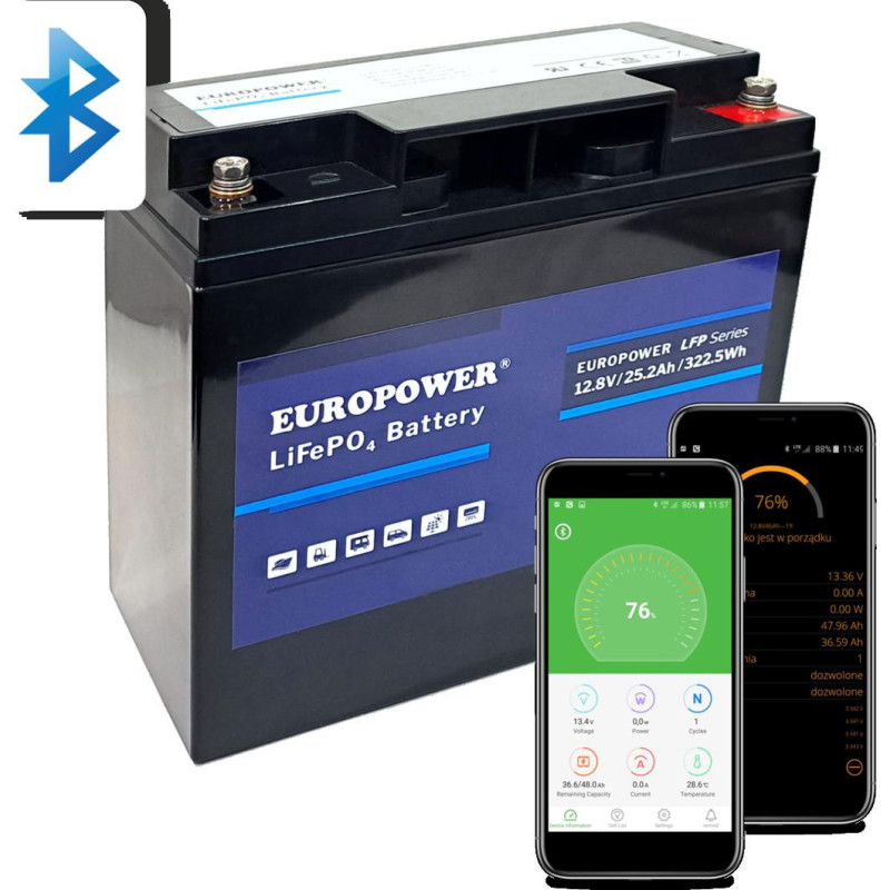 LiFePO4 akumuliatorius EUROPOWER LFP serija 12,8V 25,2Ah Bluetooth (Tarnavimo laikas ~2000 ciklų)