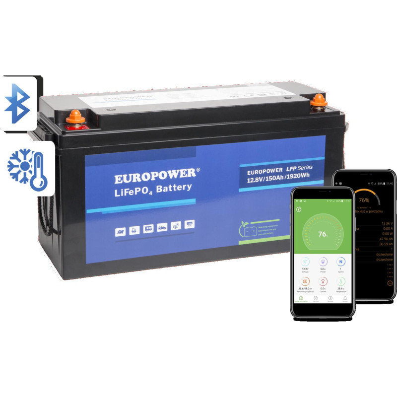 LiFePO4 Battery EUROPOWER LFP Series 12.8V 150Ah Bluetooth, Heating Pad (Lifespan ~2000 Cycles)