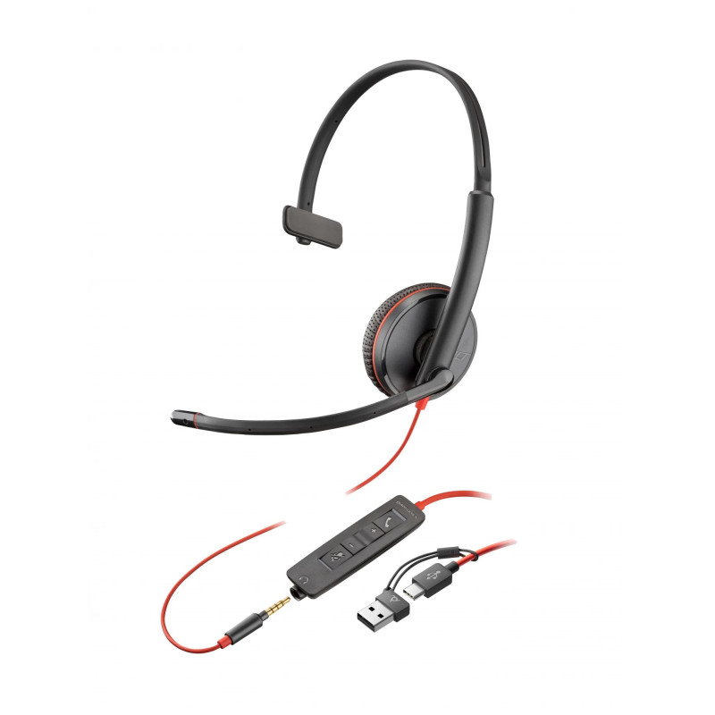 Poly Blackwire 3215 Monauralis Vadausts Ausu komplekts ar USB-C un 3.5mm savienojumu + USB-C / A Adapteris
