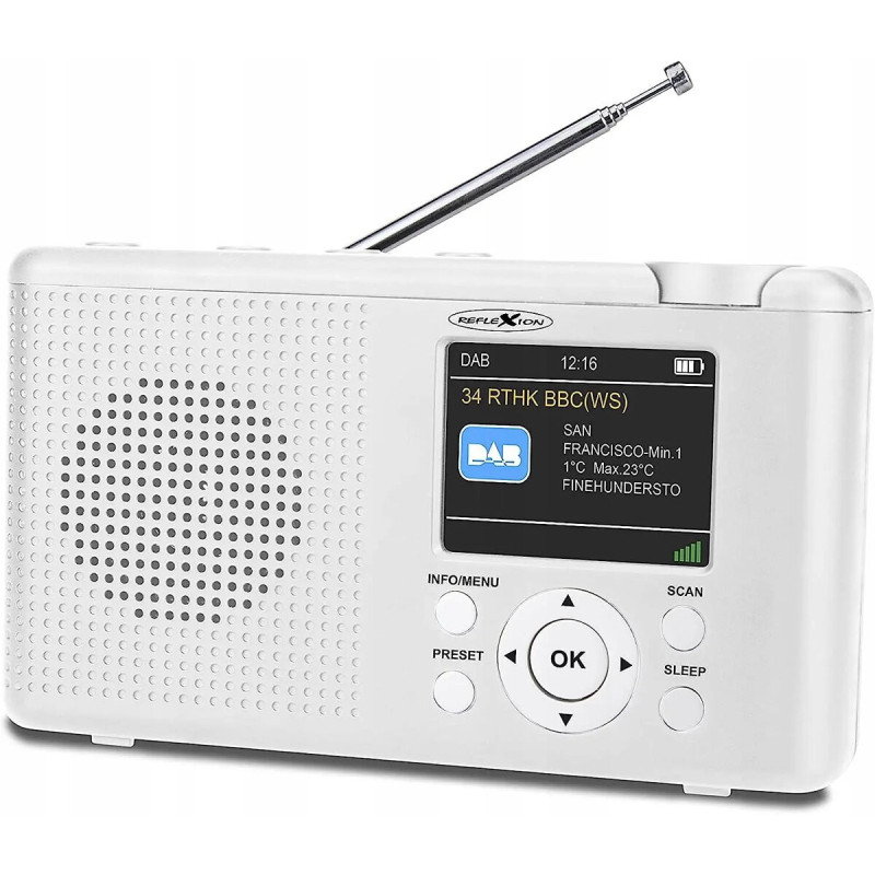 Reflexion TRA23DAB galda DAB+ radio balts ar Bluetooth un 20 iepriekš iestatītām stacijām