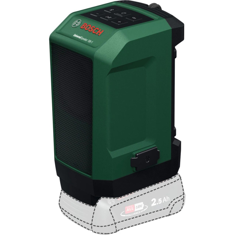 BOSCH POWERTOOLS UniversalSpeaker 18V-1 (Green / Black, Bluetooth, USB-C, Bare Tool, POWER FOR ALL ALLIANCE)