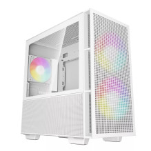 PC korpuss DeepCool CH360 mikro ATX balts — rūdīts stikls, 2x140mm priekšējie ventilatori, USB-C, atbalsta GPU līdz 320 
