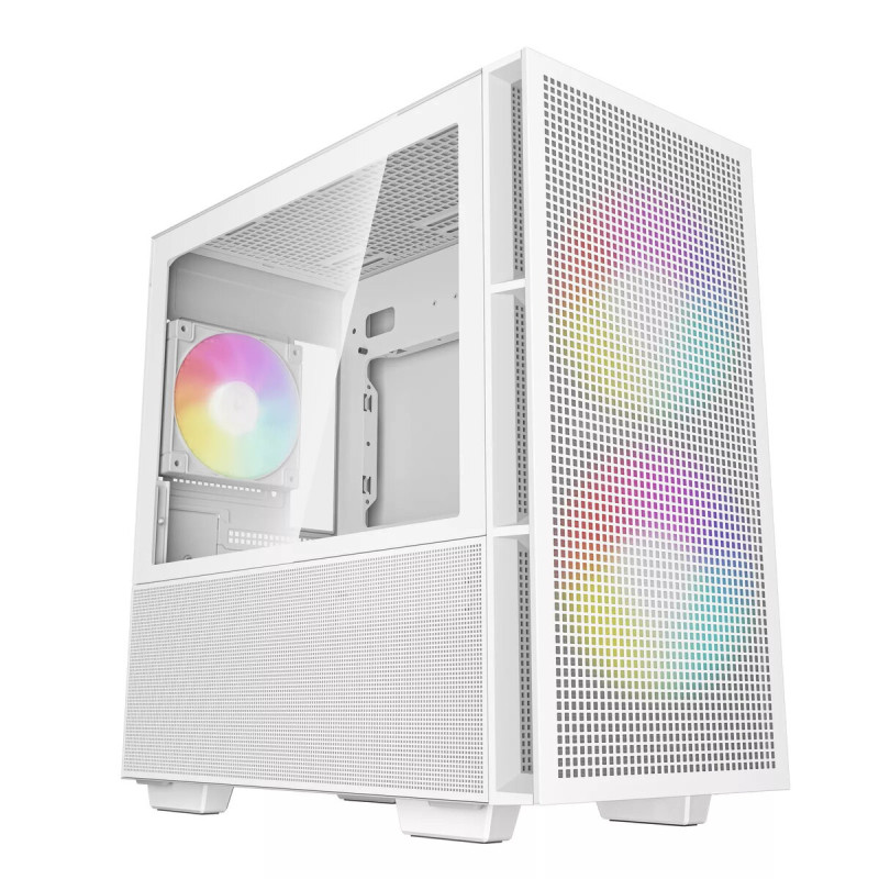 PC korpuss DeepCool CH360 mikro ATX balts — rūdīts stikls, 2x140mm priekšējie ventilatori, USB-C, atbalsta GPU līdz 320 