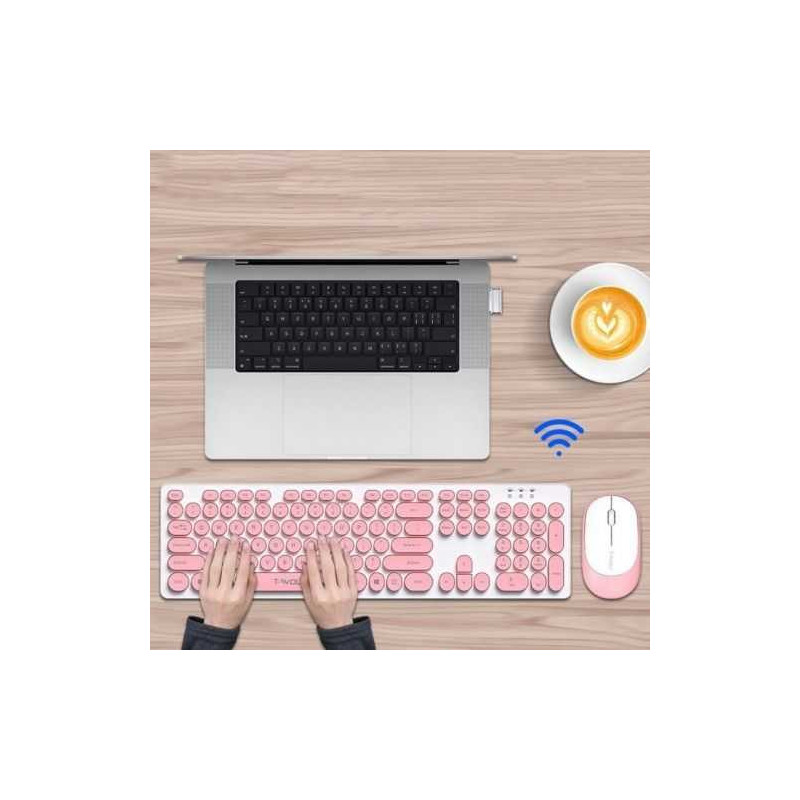 T-Wolf TF770 2.4G Wireless Keyboard Mouse Combo Retro Punk Pink