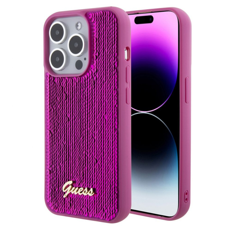 „Guess“ – „Guess“ blizgučiais pažymėtas dėklas, skirtas „iPhone 15“ su rausvu logotipu