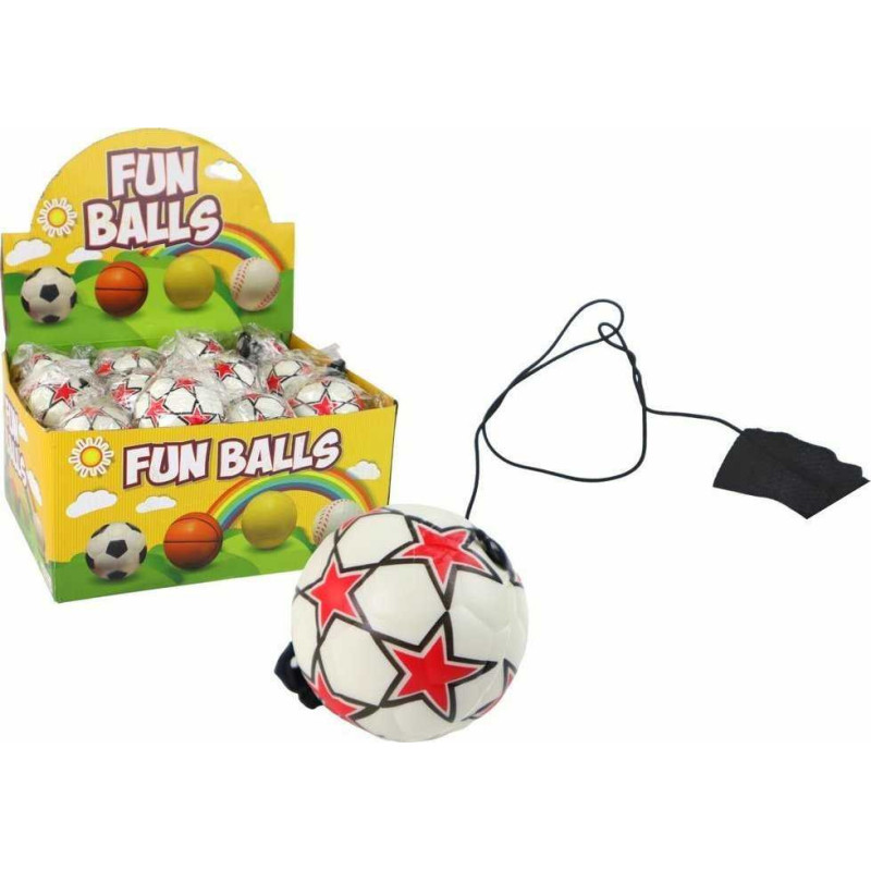 LEAN Toys PU futbolo kamuolys su Jojo elastine juosta šokinėjimui, 6 cm, baltos žvaigždutės