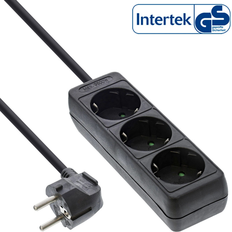 InLine 3-way extension cord with grounding CEE 7 / 3 black 5m