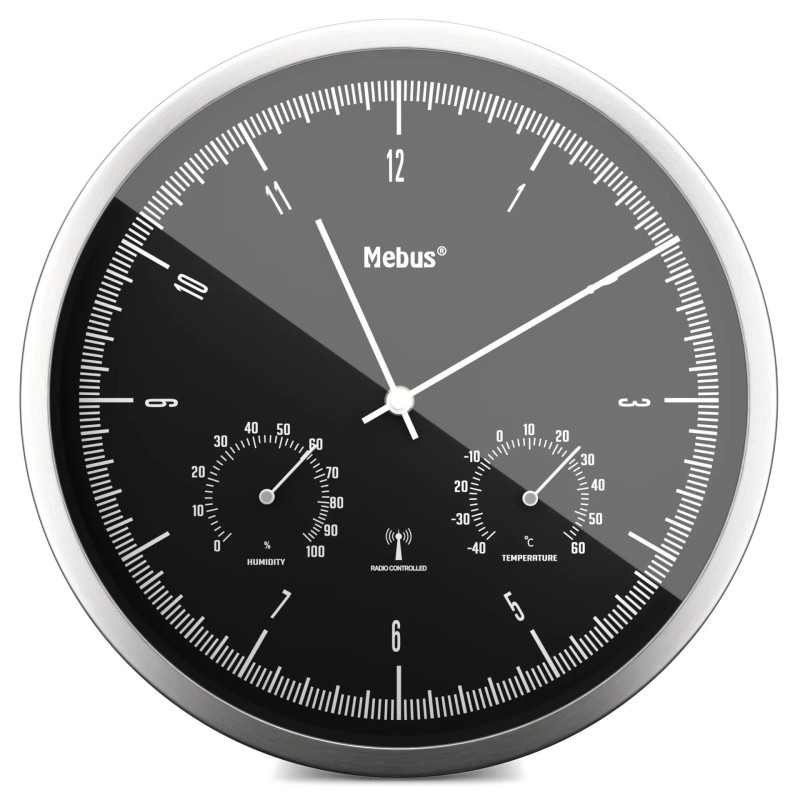 MEBUS 19777 Radio Wall Clock with Thermo-Hygrometer, Silver / White, 30 cm