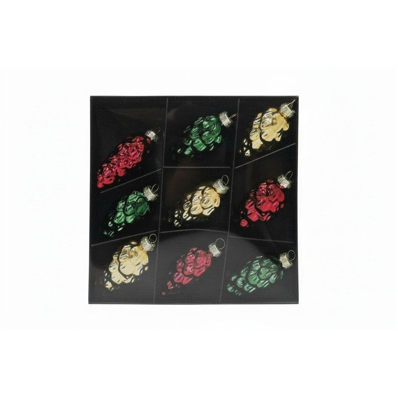 Christmas tree toy set, gold / red / green, glass, 9 pcs