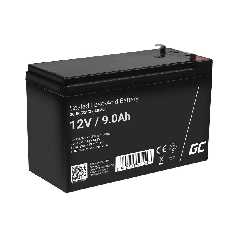 Green Cell AGM06 — 12 V 9 Ah VRLA akumulators UPS sistēmām