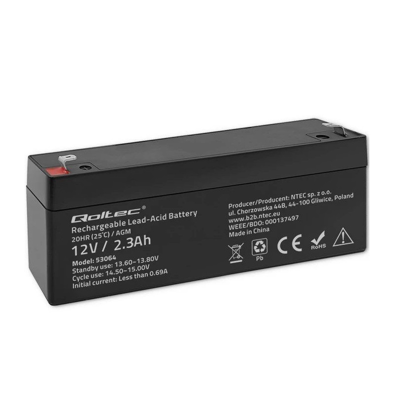 Noslēgts AGM akumulators QOLTEC 12V 2.3Ah UPS un rezerves sistēmām, maksimālā izlāde 34.5A