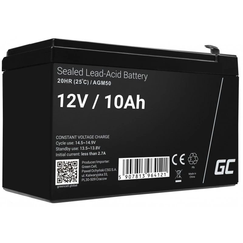 UPS akumulators Green Cell AGM50 12 V 10 Ah VRLA AGM, 65×151×95 mm, 2,45 kg, melns