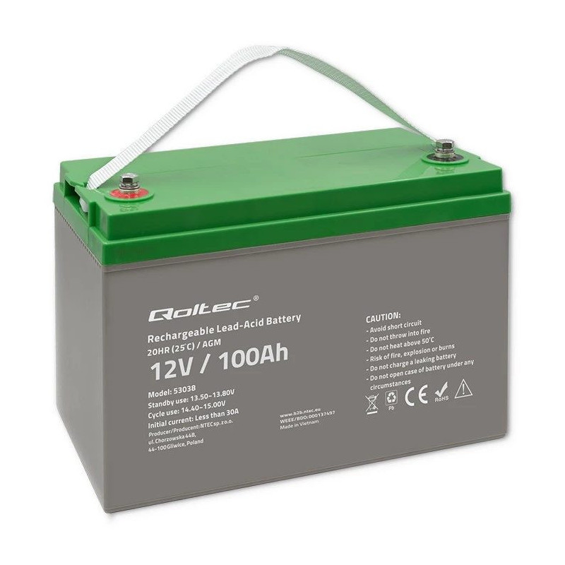Qoltec 53038 AGM battery, 12V, 100Ah, max 1200A