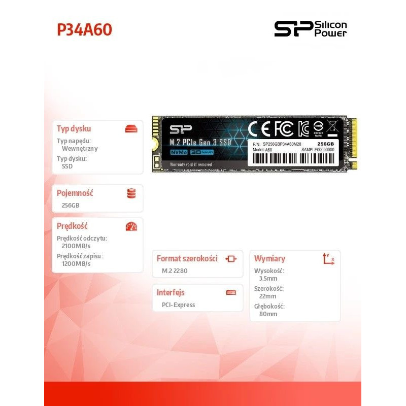 M.2 NVMe SSD Silicon Power P34A60 256GB — PCIe Gen3x4, 2200 / 1600 MB / s, M.2 2280