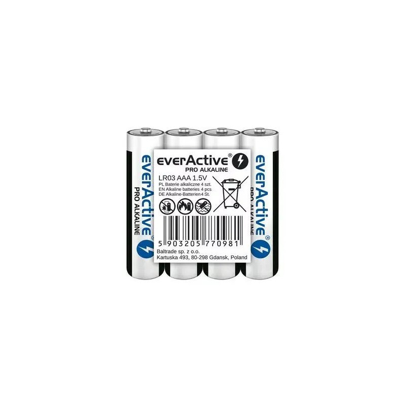 Sārma baterijas AAA everActive LR03PRO4T — 4 gab., 1,5 V, 1250 mAh, 44,5×10,5 mm
