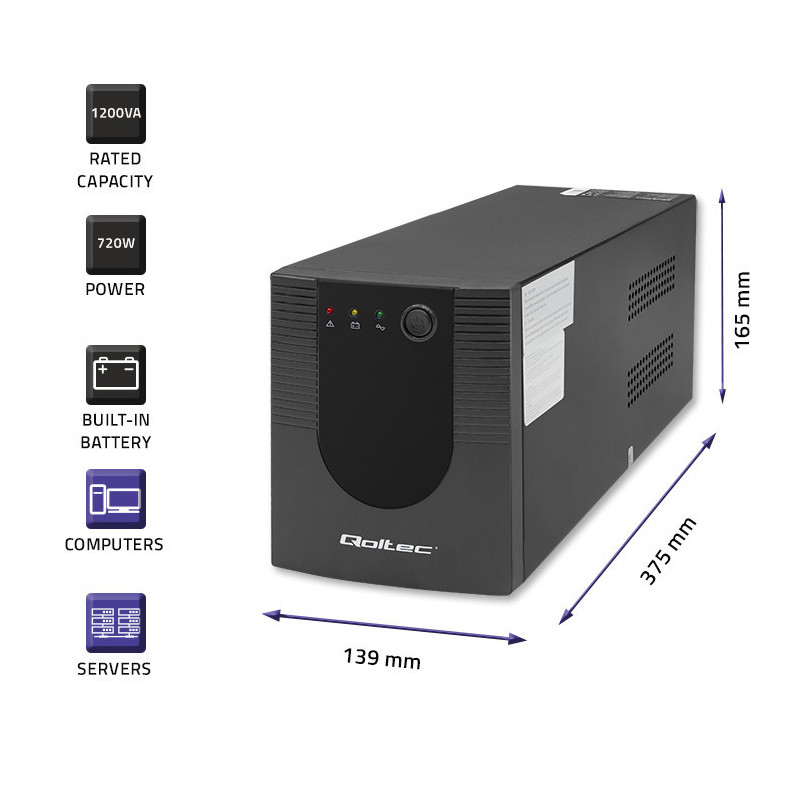 „Qoltec“ nepertraukiamo maitinimo šaltinis (UPS) „Line Interactive“, „Monolith“, 1200VA, 720W