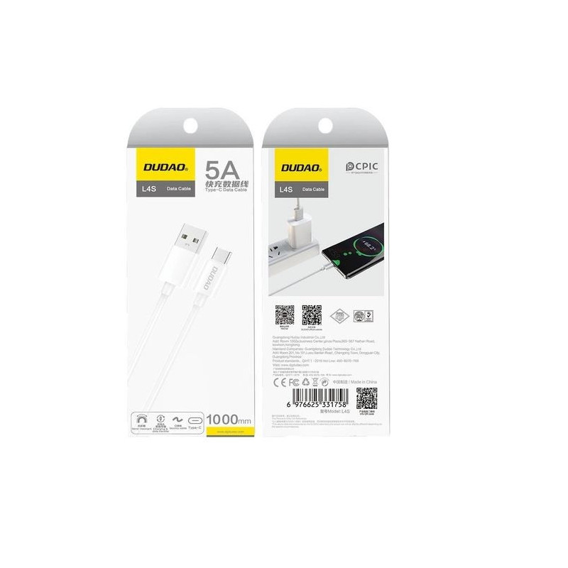 USB kabelis Dudao (L4ST) type-C (2A) baltas (1m)