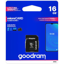 Atminties Kortelė - GoodRam microSDHC 16GB Class 10 UHS-I 100MB / s su SD Adapteriu Juoda Atminties Kortelė - GoodRam microSDHC 16GB Class 10 UHS-I 100MB / s su SD Adapteriu Juoda