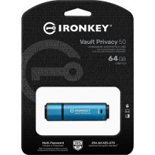 „Kingston IronKey Vault Privacy“ 64 GB USB 3.2 atmintis, mėlyna „Kingston IronKey Vault Privacy“ 64 GB USB 3.2 atmintis, mėlyna