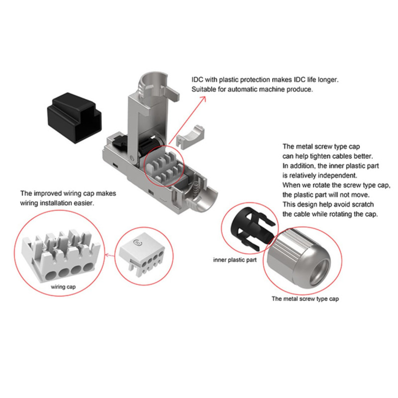 CAT8 RJ45 ekranuotas modulinis universalus kištukas, CAT8 / CAT7 / CAT6 / CAT5E, surinkimas be įrankių