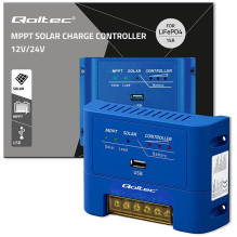 Qoltec 53671 Saulės energijos įkrovimo valdiklis MPPT 15A skirtas DC vartotojų maitinimui ir baterijų įkrovimui 12V / 24 Qoltec 53671 Saulės energijos įkrovimo valdiklis MPPT 15A skirtas DC vartotojų maitinimui ir baterijų įkrovimui 12V / 24