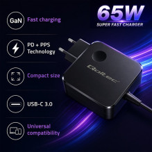 Qoltec 51778 GaN 65W charger , 5-21V , 3-3.25A , USB-C PD PPS
