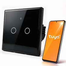 Qoltec 52712 Smart Touch 2-Gang Light Switch , Wi-Fi , Timer , Tuya , Smart Life , Tempered Glass , Black