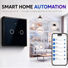 Qoltec 52712 Smart Touch 2-Gang Light Switch , Wi-Fi , Timer , Tuya , Smart Life , Tempered Glass , Black