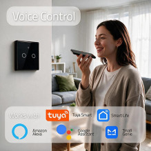 Qoltec 52712 Smart Touch 2-Gang Light Switch , Wi-Fi , Timer , Tuya , Smart Life , Tempered Glass , Black