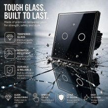 Qoltec 52712 Smart Touch 2-Gang Light Switch , Wi-Fi , Timer , Tuya , Smart Life , Tempered Glass , Black