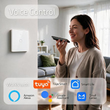 Qoltec 52715 Smart Touch 1-Gang Light Switch , Wi-Fi , Timer , Tuya , Smart Life , Tempered Glass , White