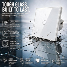 Qoltec 52715 Smart Touch 1-Gang Light Switch , Wi-Fi , Timer , Tuya , Smart Life , Tempered Glass , White