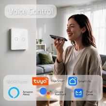 Qoltec 52716 Smart Touch 2-Gang Šviesa Switch, Wi-Fi, Laikmatis, Tuya, Smart, Balta Tempered Glass