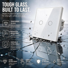 Qoltec 52716 Smart Touch 2-Gang Šviesa Switch, Wi-Fi, Laikmatis, Tuya, Smart, Balta Tempered Glass